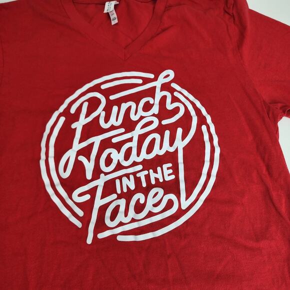 Bella + Canvas Jersey Red V-Neck 'Punch Today In The Face' Tee Women's Size L - Picture 2 of 6